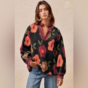 Black Maroon floral print western boho bohemian V neck banded sweater tunic top